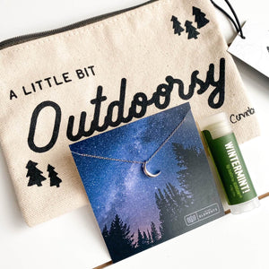 outdoorsy pouch and modern moon necklace